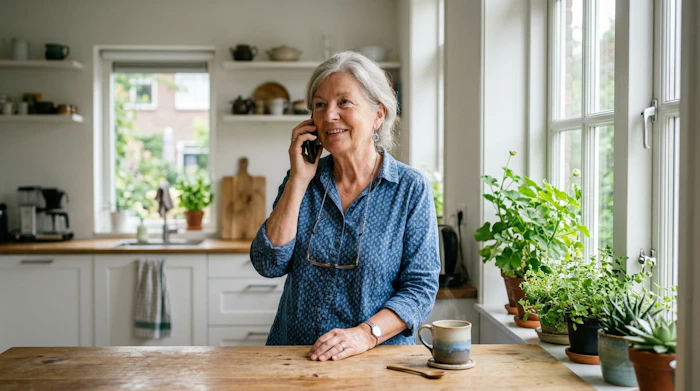 Klant aan de telefoon in haar keuken