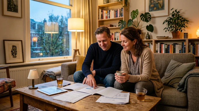 Stel bekijkt samen papieren in de woonkamer
