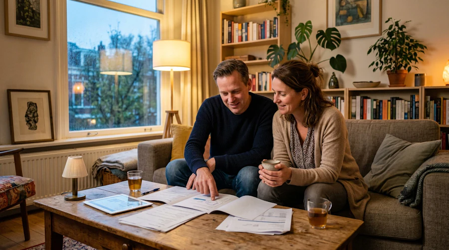 Stel bekijkt samen papieren in de woonkamer
